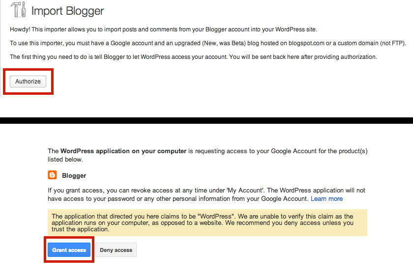 Authorize WordPress to use Blogger