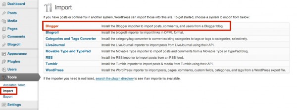 Blogger importer tool in WordPress