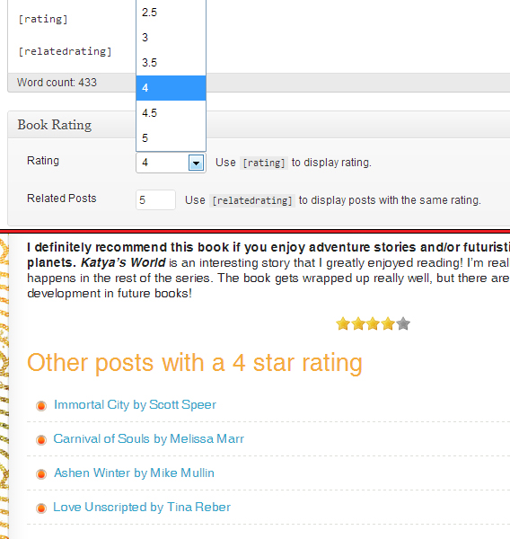 Book Rating Plugin - Rating Selection and Display