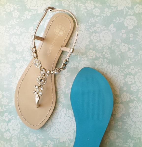 Astrid - Strappy, flat wedding shoes with blue bottoms