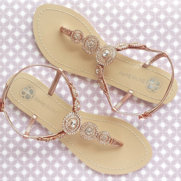 Myra Shoes: Something Blue Sole Round Crystals Jewels Strappy Rose Gold Bridal Thong Sandals Shoes Destination Beach Wedding