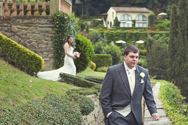 The bride walking downstairs to the groom