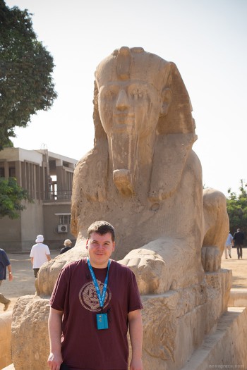 Peter in front of the sphinx statue in Memphis