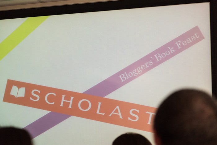 A powerpoint reading "Scholastic Bloggers' Book Feast"