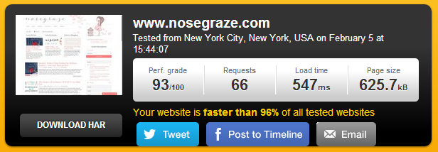 Pingdom report showing nosegraze.com having a load time of 547ms