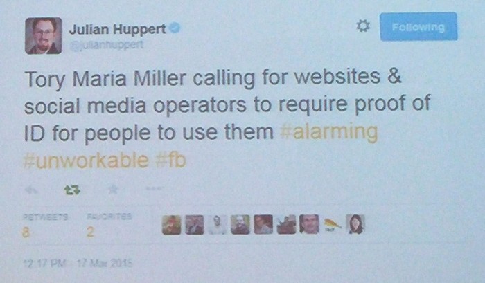 A photo of a tweet that says: "Tory Maria Miller calling for websites & social media operators to require proof of ID for people to use them #alarming #unworkable #fb"