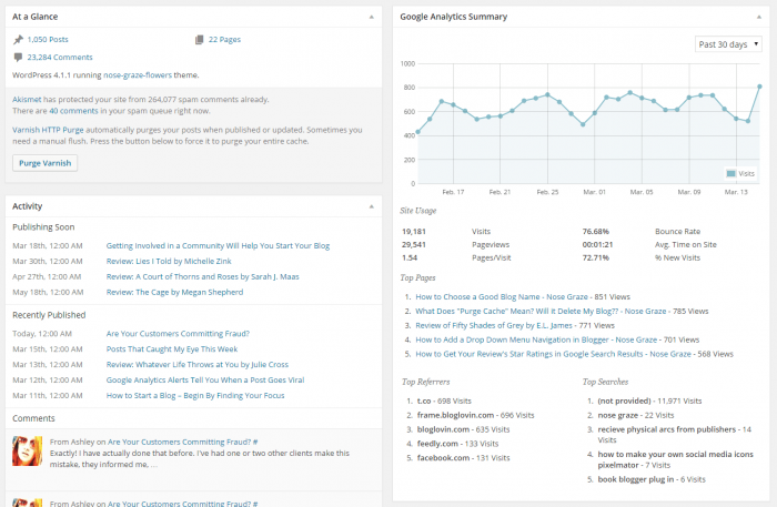 A screenshot of my WordPress admin dashboard, showing the "At a Glance" widget, the "Activity" widget, and my Google Analytics stats.