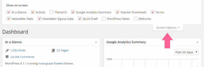 Hide dashboard widgets by clicking "Screen Options" and unchecking them