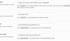 The labels for editing the text and HTML for each piece of book information