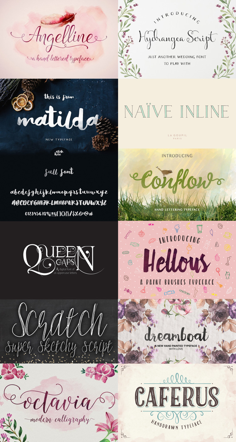 Examples of the fonts included in The Fontastic Font Bundle from The Hungry JPEG