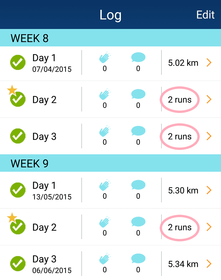 A screenshot of my Couch to 5K run log showing repeated runs