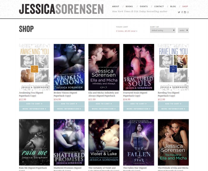The WooCommerce shop page on Jessica Sorensen's website