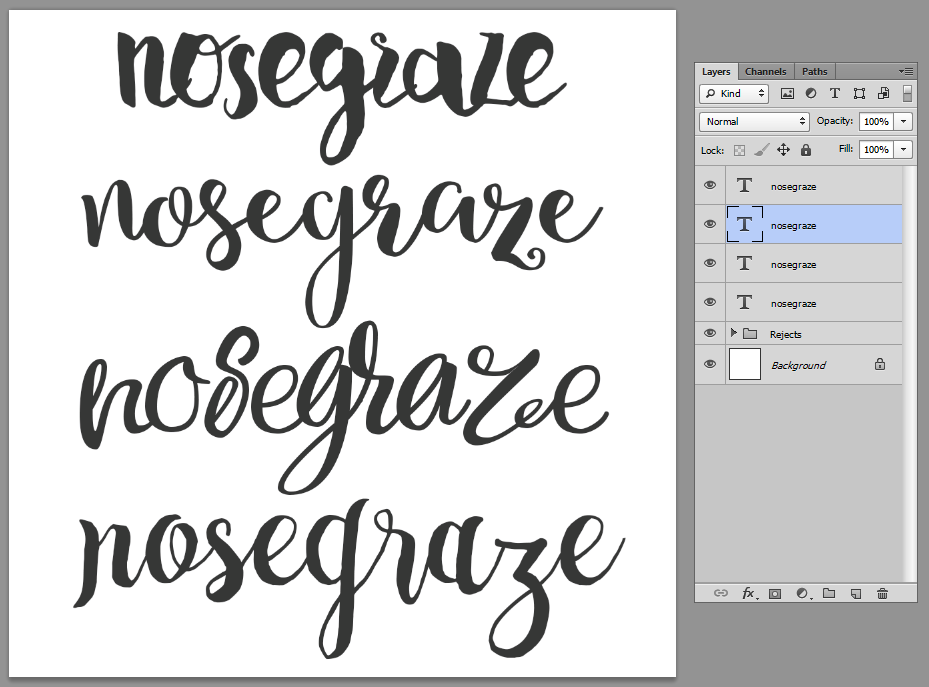 "Nose Graze" written in four different fonts