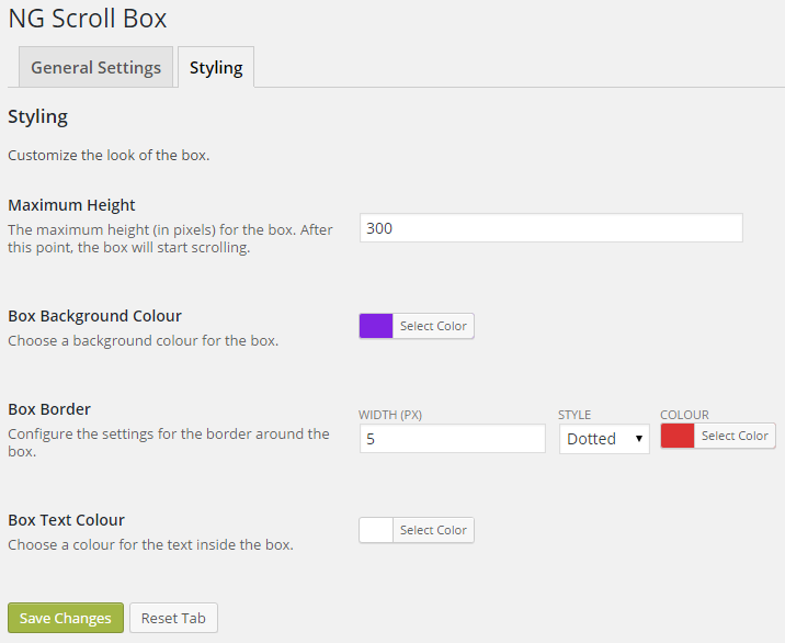 Screenshot of the NG Scroll Box settings panel with styling options