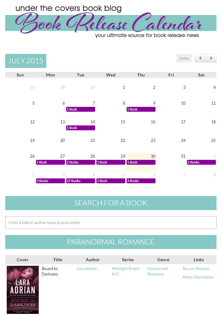 A calendar that shows upcoming book releases