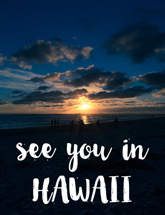Photo of the beach with text, "See you in Hawaii"