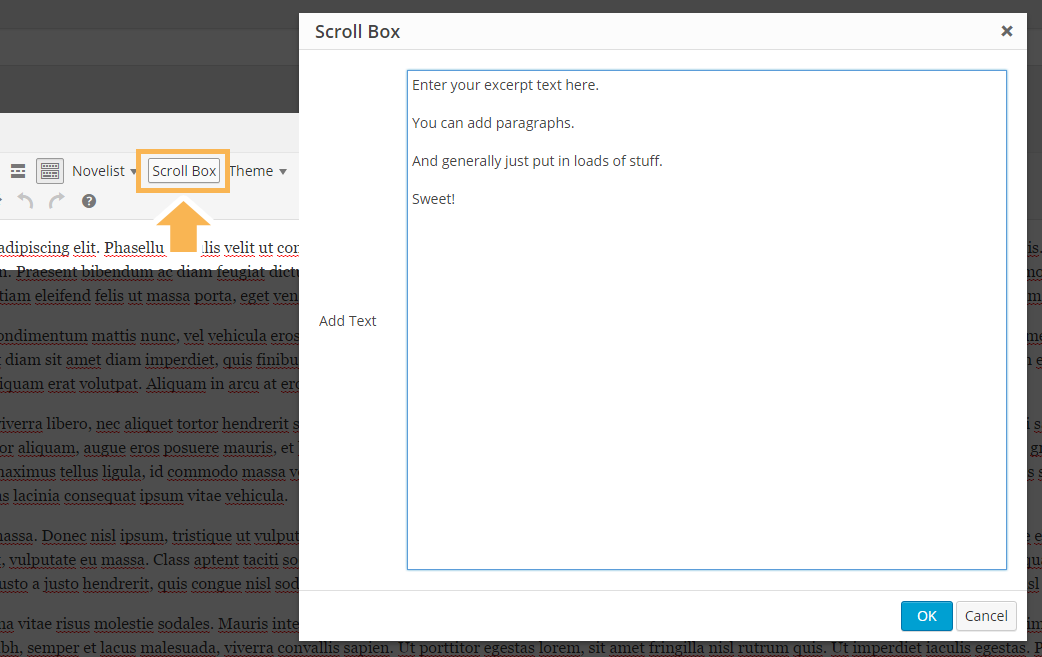 A "Scroll Box" button in the TinyMCE editor that opens up a text box when clicked