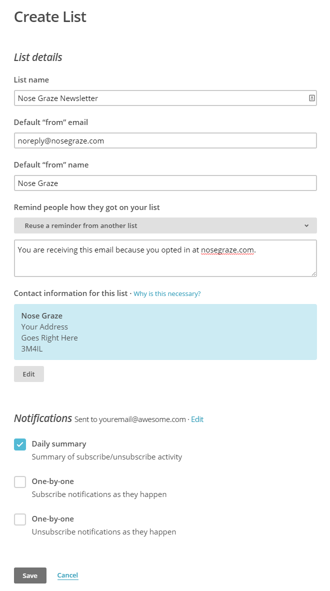 Form for creating a list in MailChimp