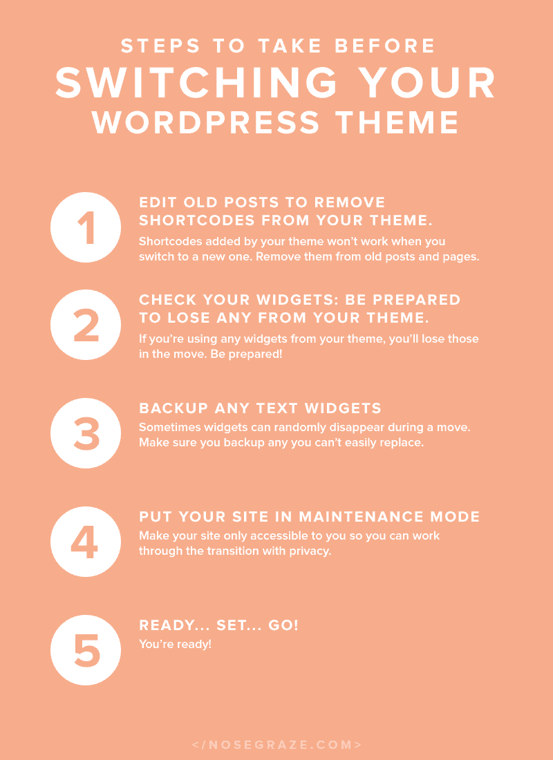 5 steps to take before switching your WordPress theme. You may lose some data and functionality.