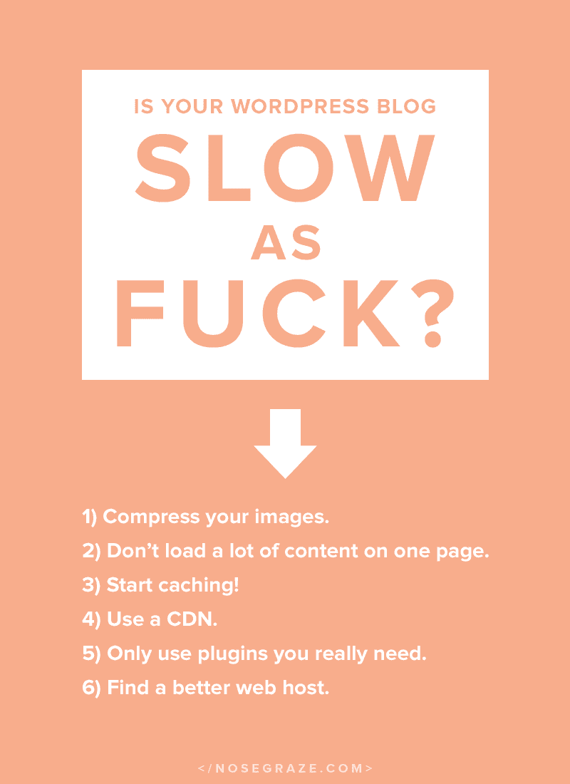 Is your blog slow as fuck? Here's how to make it better: 1) compress your images; 2) don't load a lot of content on one page; 3) start caching; 4) use a CDN; 5) only use plugins you really need; 6) find a better web host.