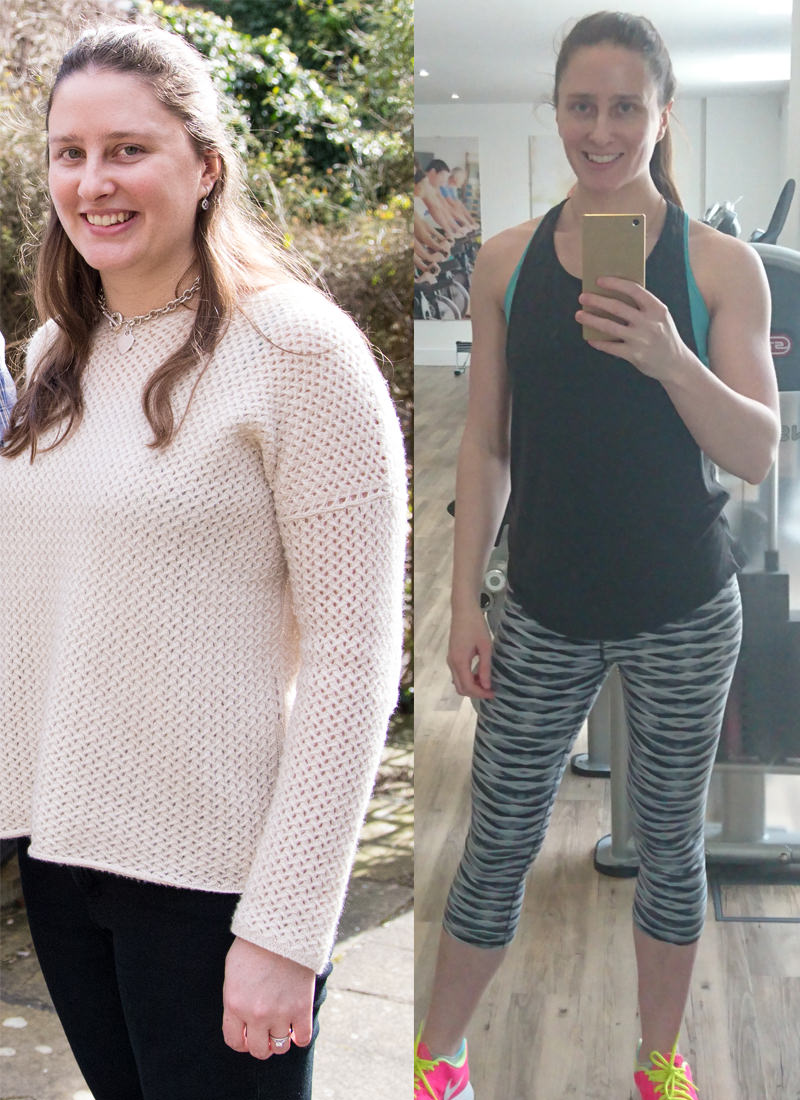 Two photos showing my weight loss from 165lbs (left) to 135lbs (right)