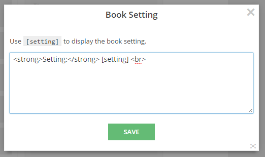 Popup window containing the "Book Setting" template