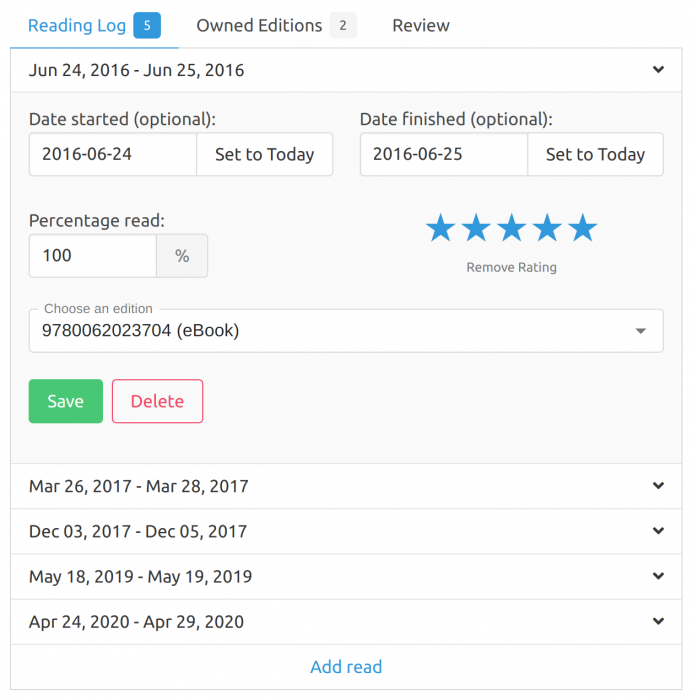 Reading log records on Bookhype