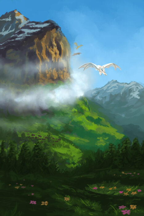 Fey'Bahren -- a large mountain with three winged cats flying.