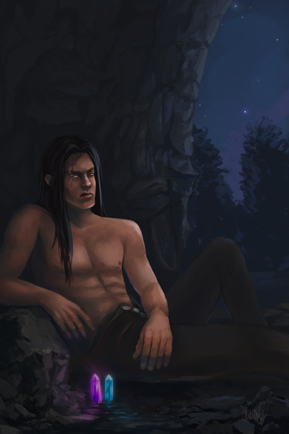 Digital painting of an angry, shirtless man in a cave. There's a scar going down the right side of his face.