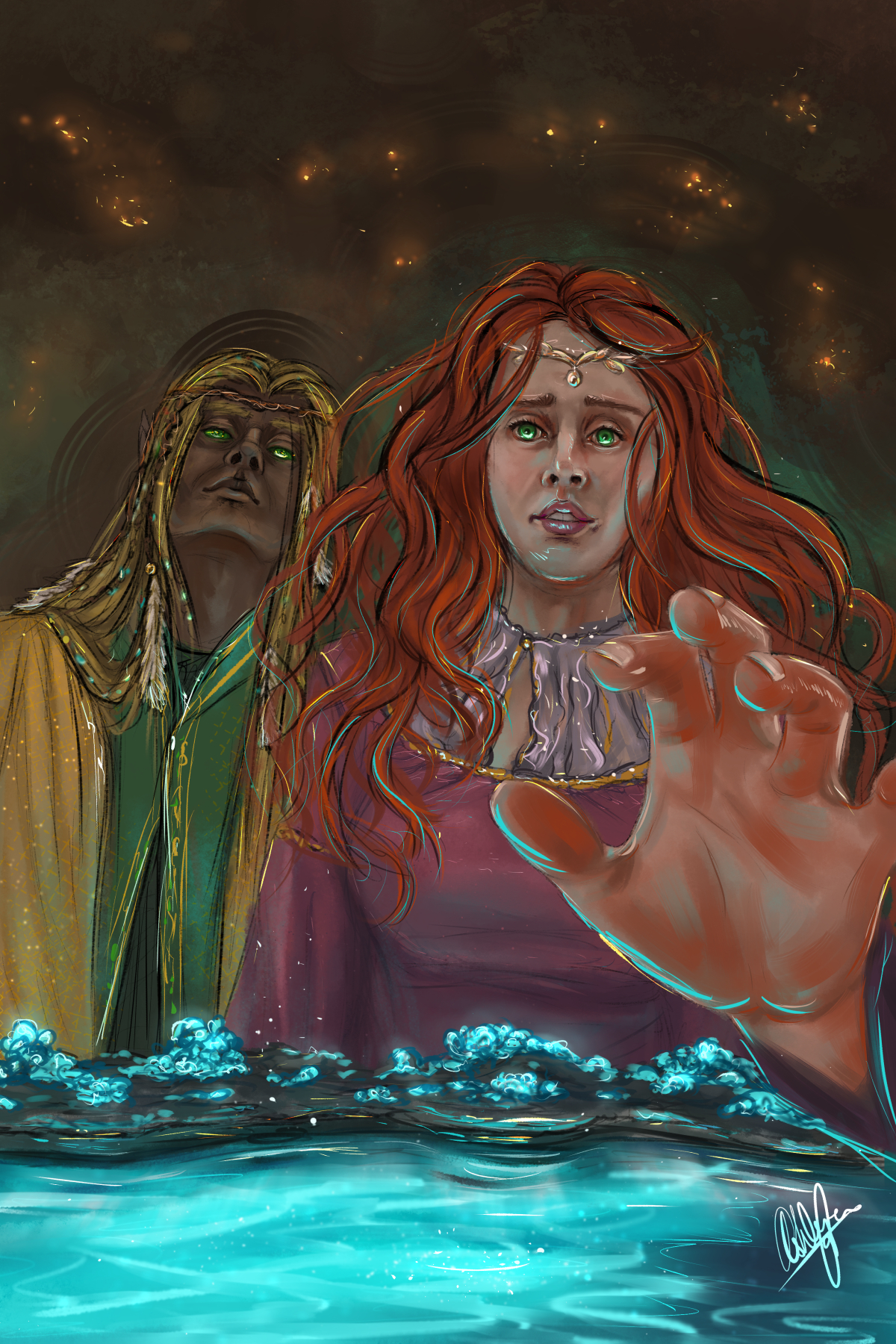 Digital painting of a woman reaching out to touch a pool of water. She looks nervous and hesitant. There's a man standing behind her, looking more confident about the whole thing.