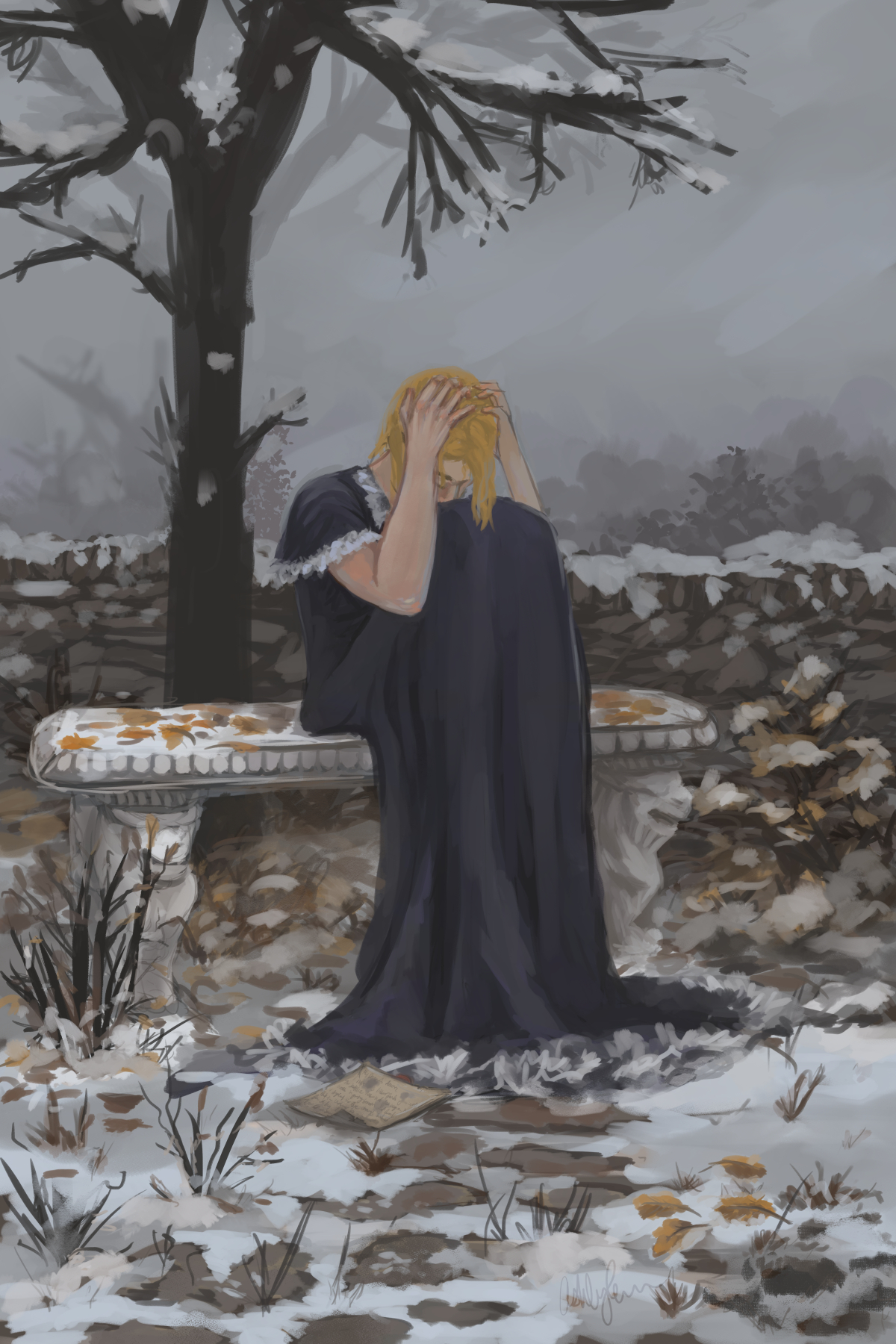 Digital painting of a woman outside, in the snow, on a bleak day. She's sitting on a bench, but her head is down and hands are in her hair. She's probably crying. There's a letter on the ground near her.