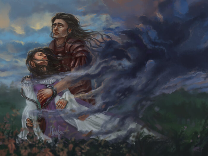 Digital painting of a man wearing red armour, holding a woman who's laying on the ground. The man has one hand around the woman's waist, covering up a wound she has. There's blood between his fingers and running down his hand. The wrist has a shackle around it, with a chain draping over the woman's shoulder, leading to his other hand, which is gently holding her head.

The woman's eyes are closed, and hands are limp. She's dead.

The man is looking up to the sky, with tears in his eyes, and running down his cheek.

Dark clouds are forming around the man, almost as if the clouds are claiming him. His hair is waving in the wind, but the ends of it blend into the clouds, and his arm is almost dissolving into the clouds themselves. The darkness is pulling him in.

Leaves and flowers are in the grass around the man and woman. Some are flying in the air, pulled by the wind.