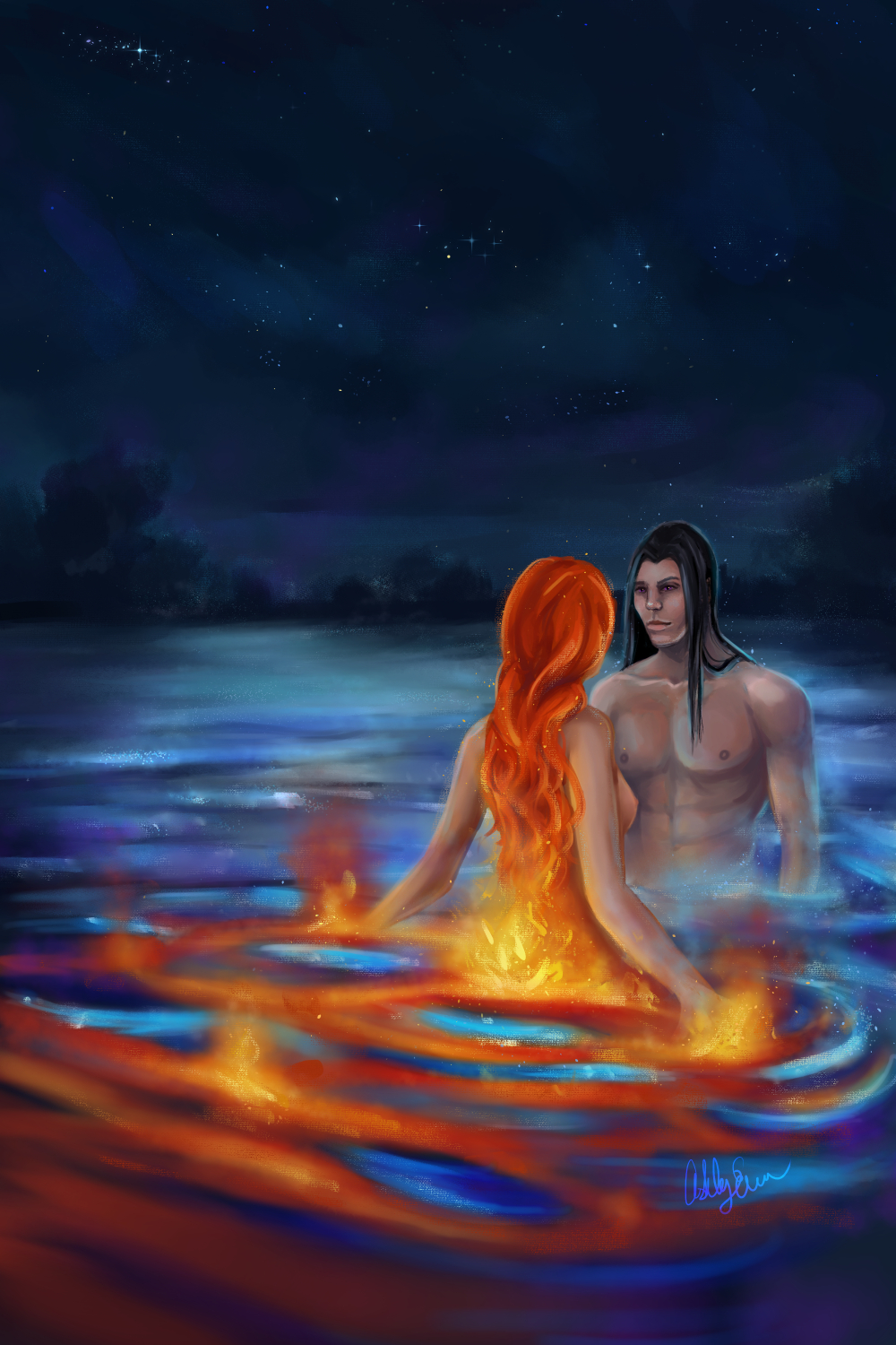 A man and woman swimming in an icy lake at night, but there's fire spreading through the lake, looking like it originates from the woman's hands