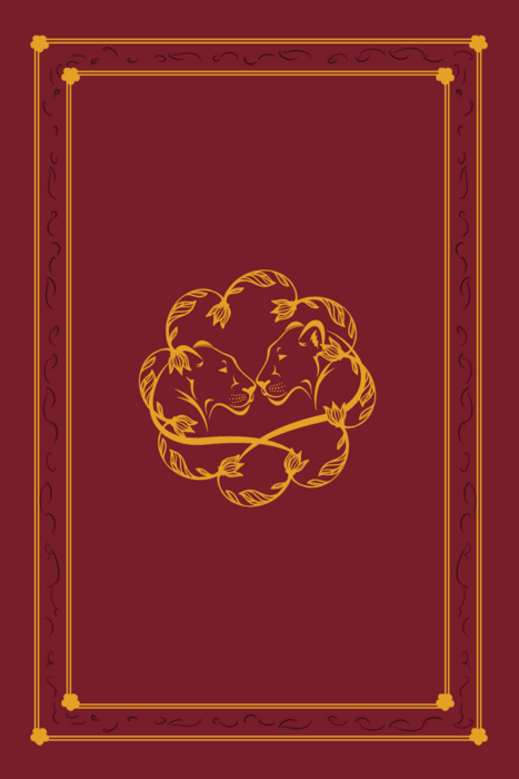 Cover design for the leather-bound edition of Tairen Soul. It features two lions in the centre, with a flower wreath around them.