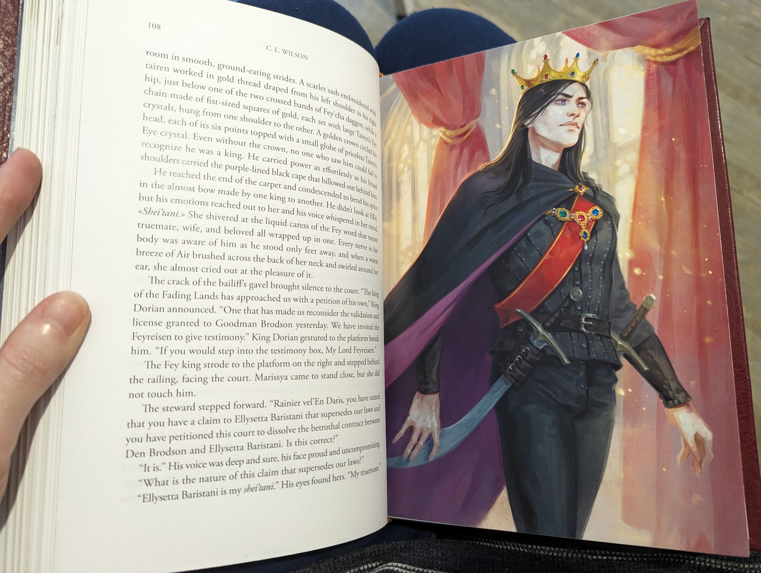 Photo of a full colour illustration inside a book, featuring Rain from Tairen Soul. He's a king mid-walk, with a serious expression.